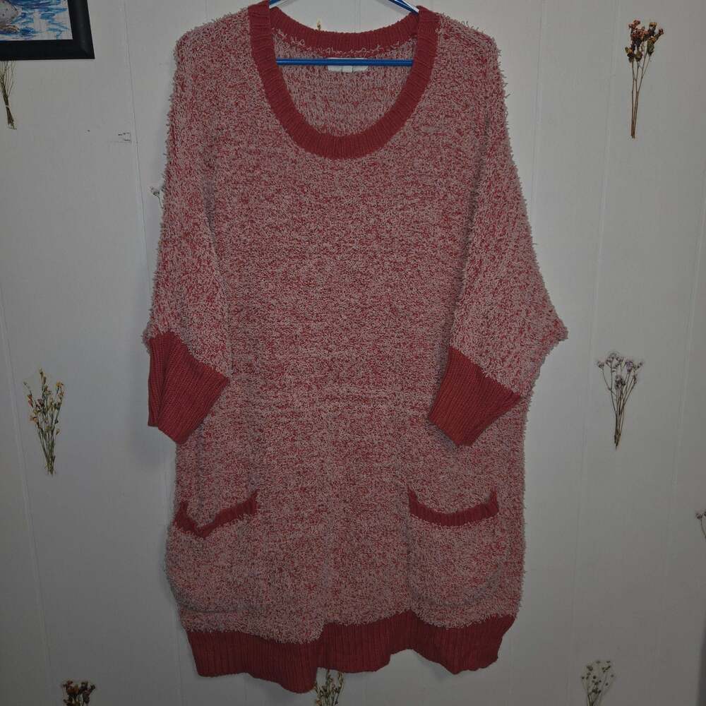 Umgee Plus Size Fuzzy Round Neck 3/4 Sleeve Sweater Dress with Pockets